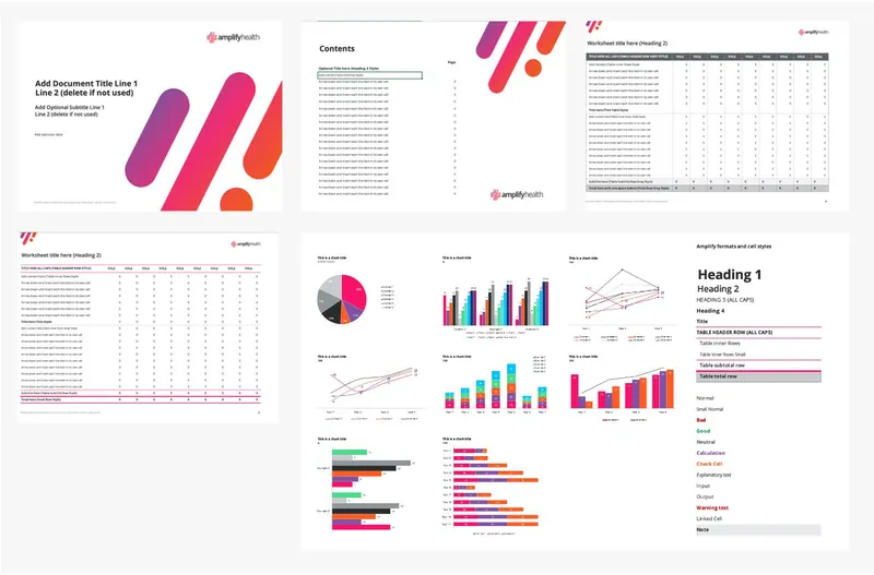 Branded Excel workbook pages with charts, tables and colour-coded data