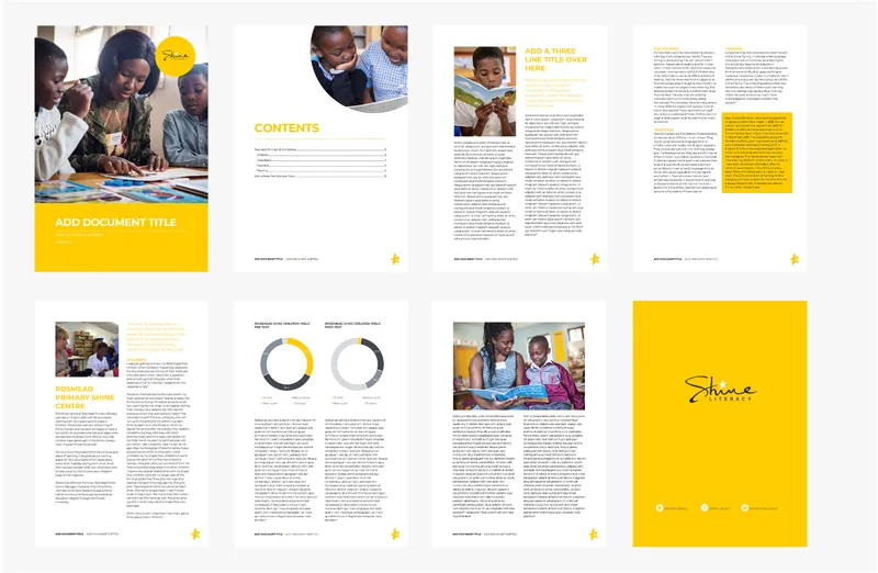 Google Docs report template pages with photography and yellow brand accents