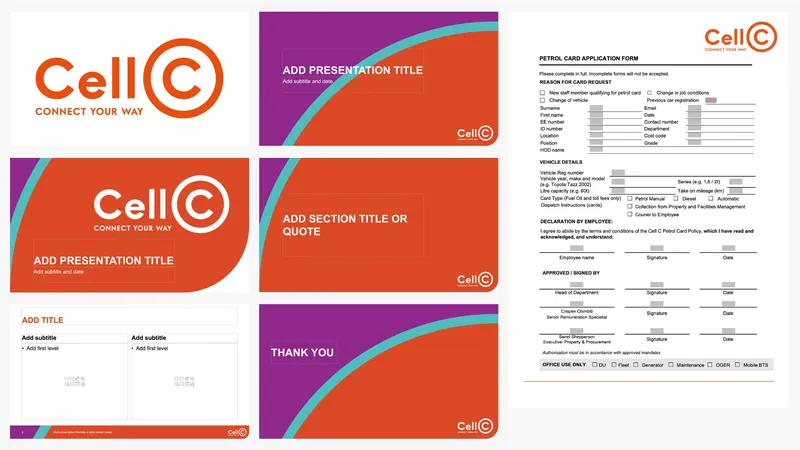 Cell C rebrand across PowerPoint title slides and Word documents