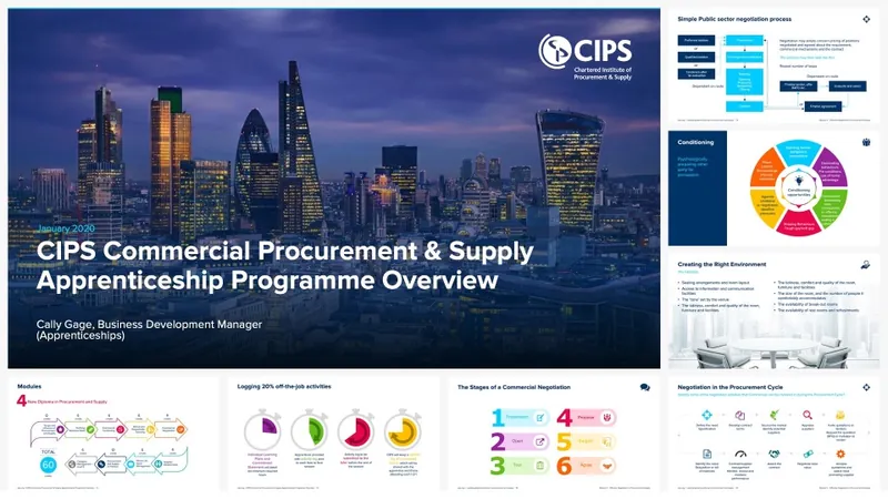 CIPS apprenticeship programme presentation with data slides and diagrams