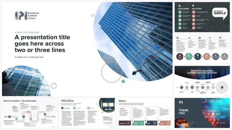 Corporate presentation template with architectural photography and blue infographics