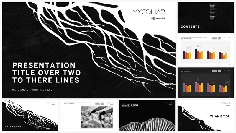 Mycohab presentation with black and white organic graphics and charts