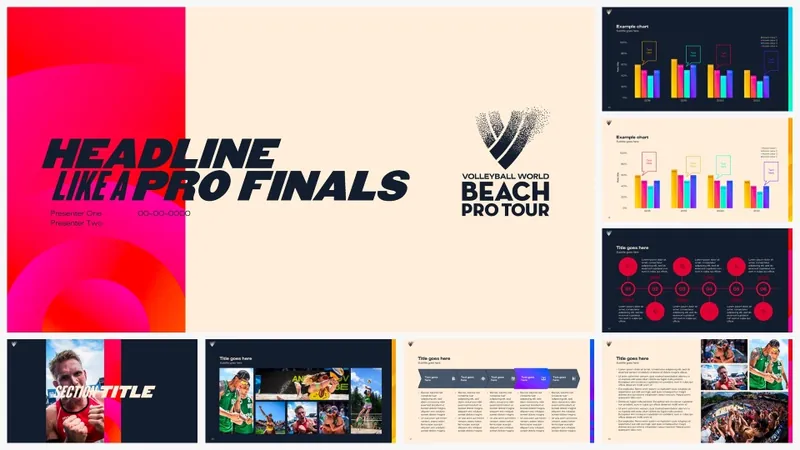 Beach Pro Tour finals presentation with bold red and cream layouts