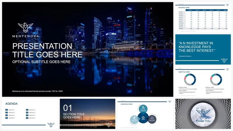 Presentation template with dark blue city imagery and data layouts