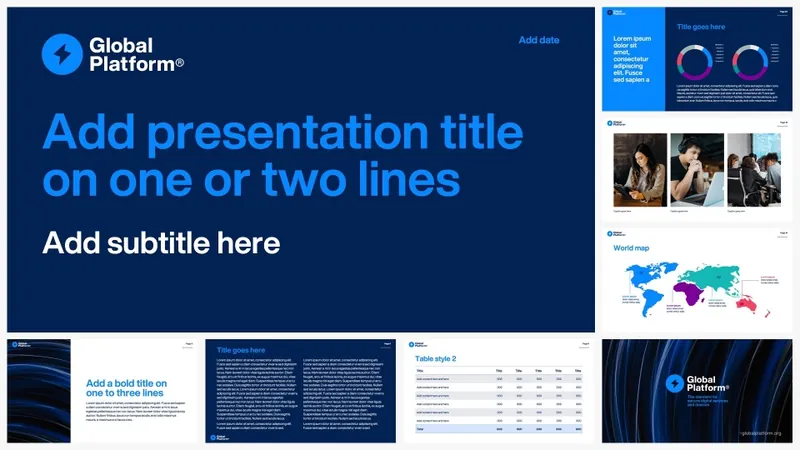 Global Platform presentation in blue with world map and table layouts