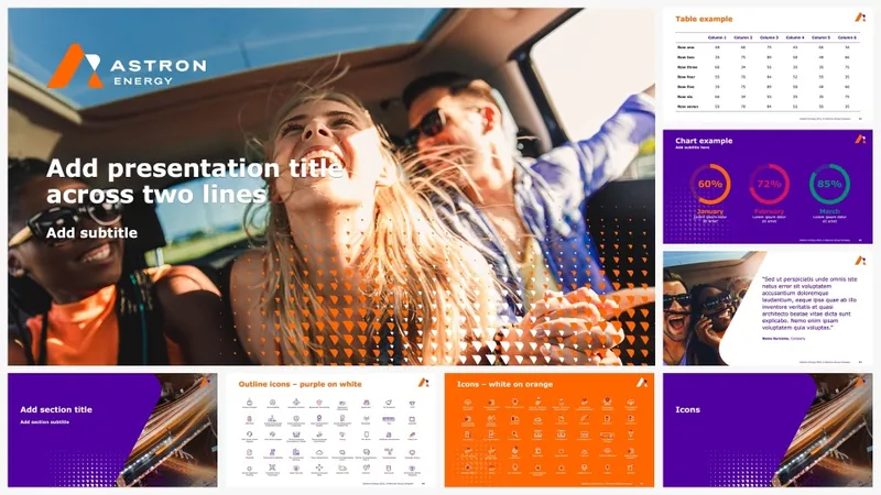 Astron presentation template with purple gradients and photography