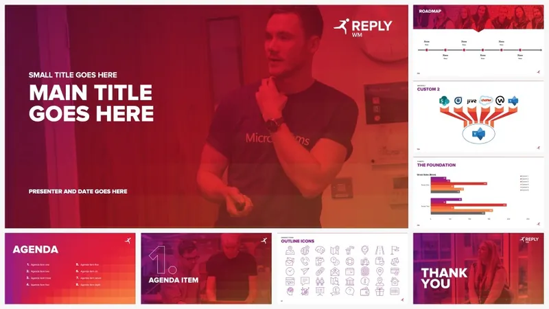 Reply presentation template with red gradient title and agenda slides