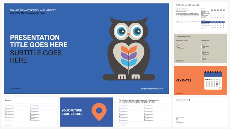 Presentation template with illustrated owl mascot and blue layouts