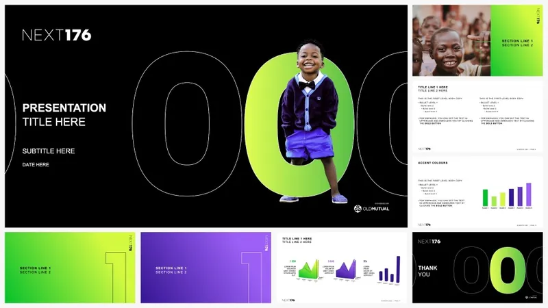 Next176 presentation in black with bright green brand graphics