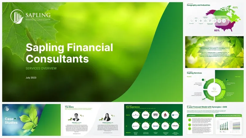 Sapling Financial Consultants presentation in green with icon layouts