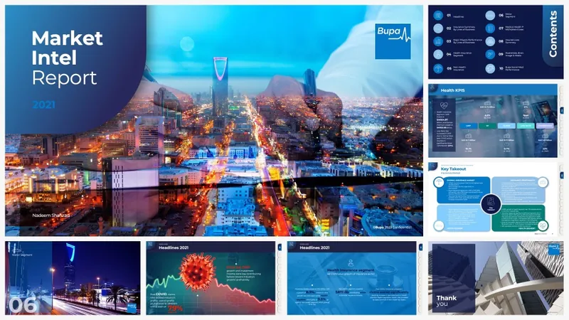 Market intelligence report presentation with blue city imagery and charts