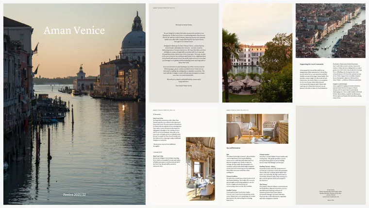 Aman Venice brochure-style Word document with full-bleed photography