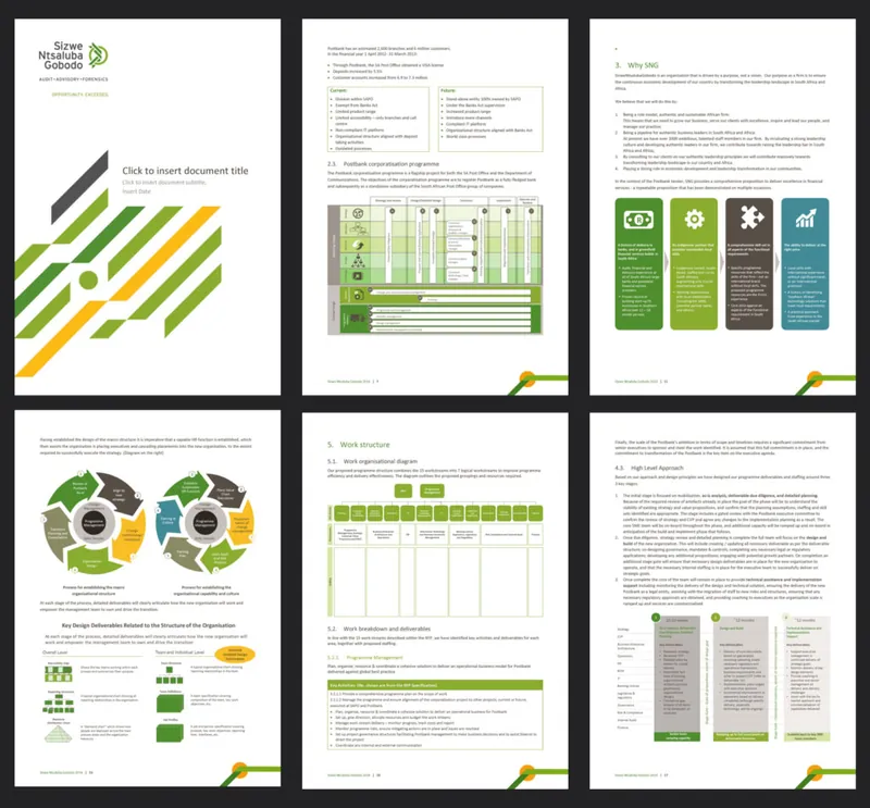 Word report with green and yellow infographics and data tables