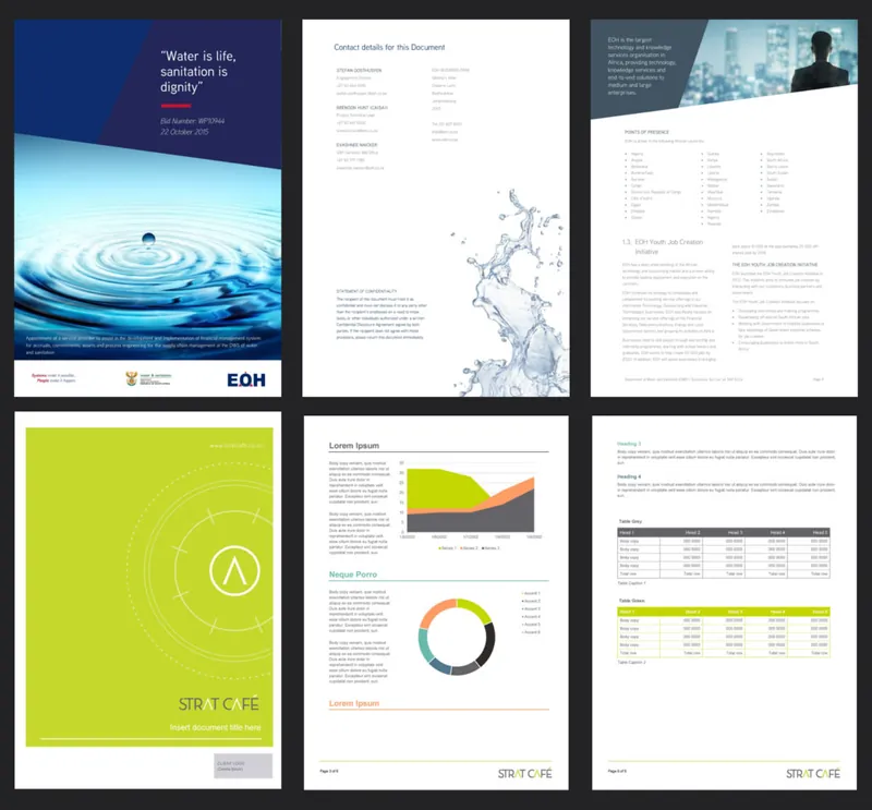 Word report pages with lime green covers and financial tables