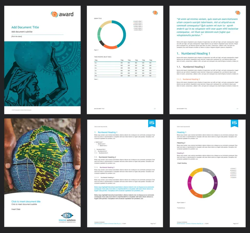Word report with teal charts and photographic section openers